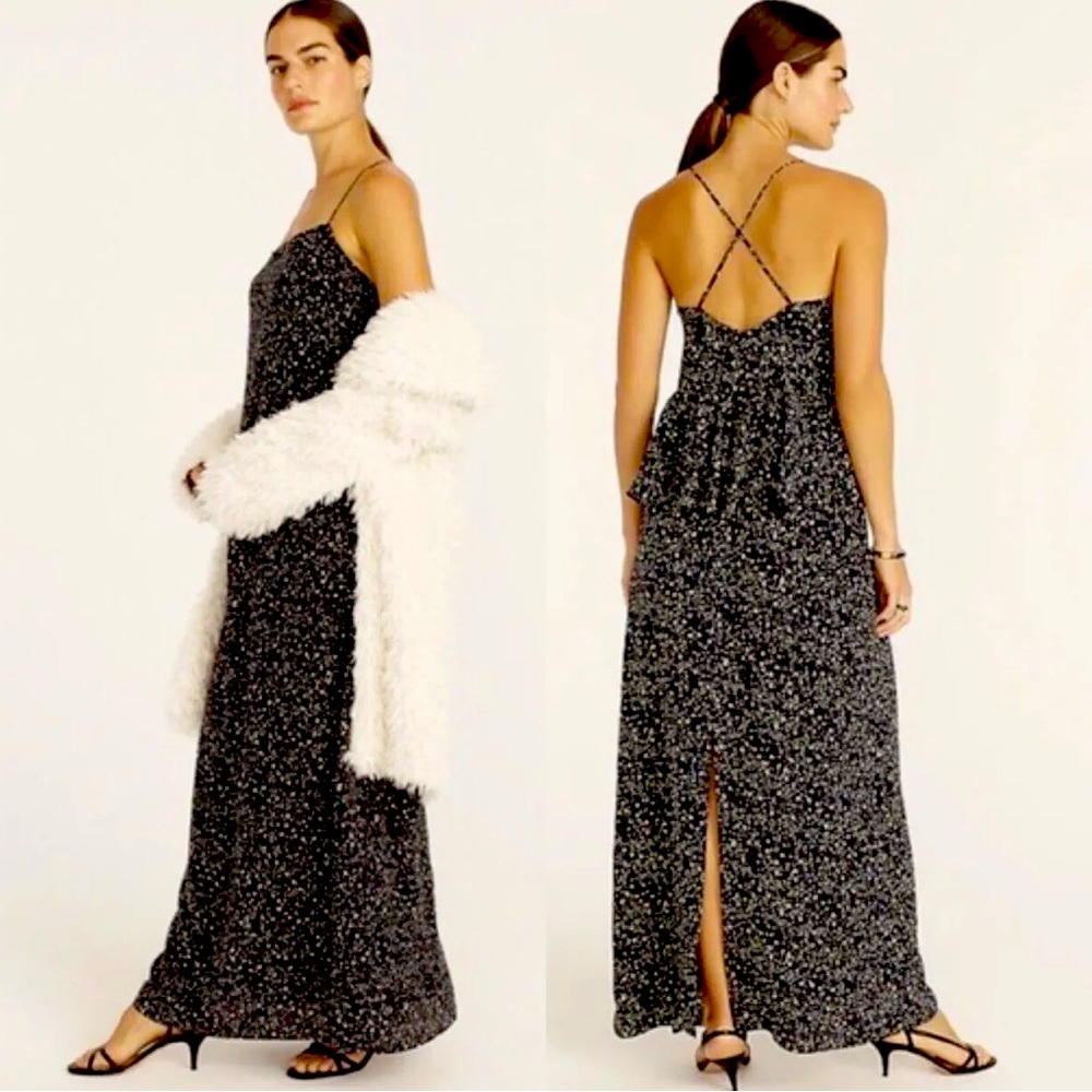 NEW J. Crew Ruffle Back Silk Maxi Dress Starry Sky Star Slip Black Size 6.